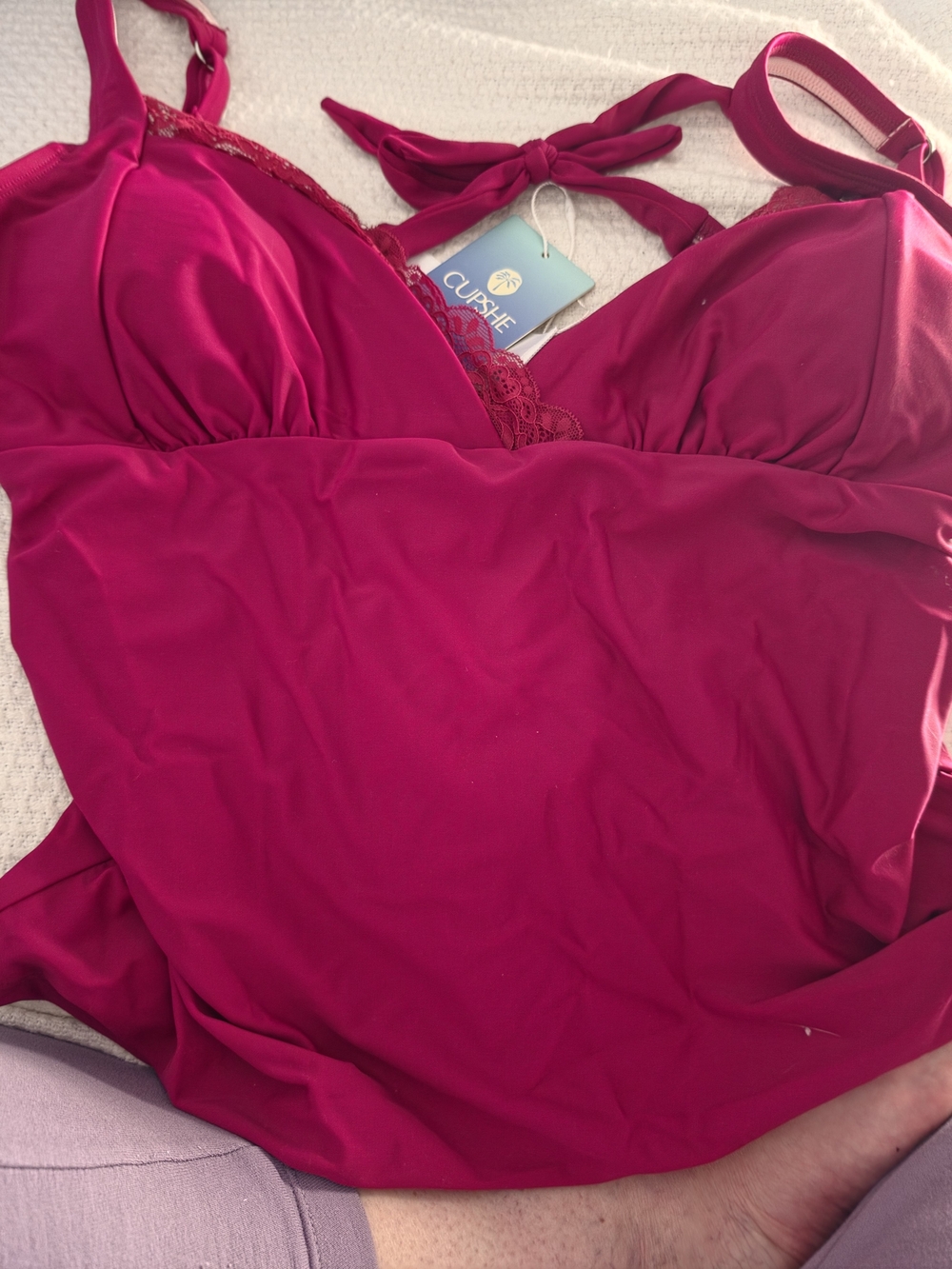 CupShe Burgandy Lace-Trim Tankini Top, Xl New With Tags